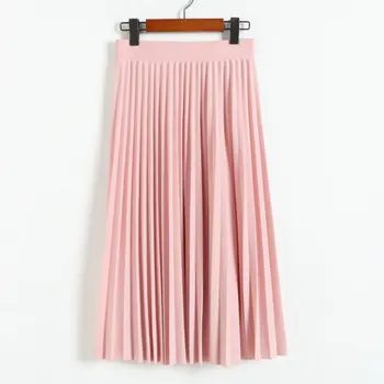 Forår, Sommer Mode Kvinder Elastisk Nederdel Med Høj Talje Solid Halv Længde Plisserede Nederdele Damer Sort Pink Midi-Nederdel