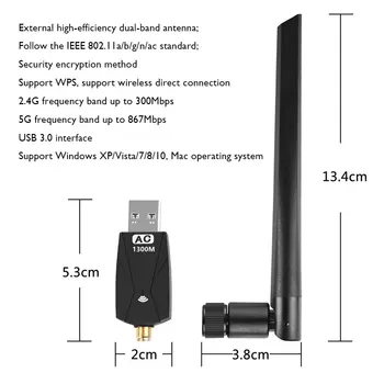 1300Mbps USB Mini WiFi Dongle Adapter 2,4 GHz 5,8 GHz Dual Band Wireless Receiver netværkskort med Antenne for Desktop, Bærbar PC