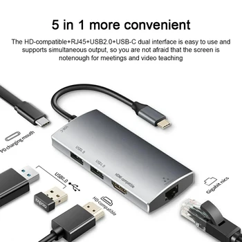 5-i-1 USB-C-Hub Type C Dock OTG til Multi USB 2.0-Splitter SD-RJ45 Lan-4K HDMI-Kompatibel Adapter til MacBook Bærbare Computer