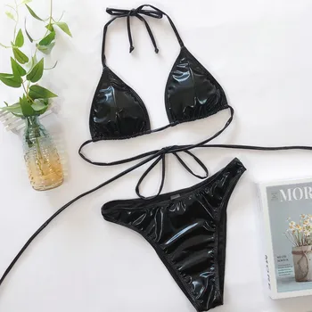 PU Bandage Sexede Bikini Sæt Kvinder Mode Stranden i Badetøj Kvindelige Solid Badning Badedragt 2 delt Sæt Vintage