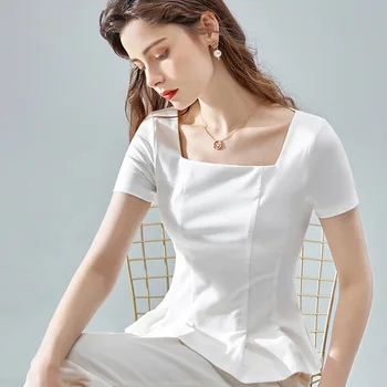 Kvinder Kortærmet T-Shirt 2021 Sommeren Nye Mode Elegant Bomuld Stramme Plisserede Hem Temperament Pendler Retro-Pladsen Krave Top