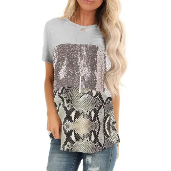 Sommer Fashion T-Shirt Sequined Leopard Patchwork Afslappet O Hals kortærmet t-Shirt til Kvinder T-shirt Camisas Mujer Tshirt 2020