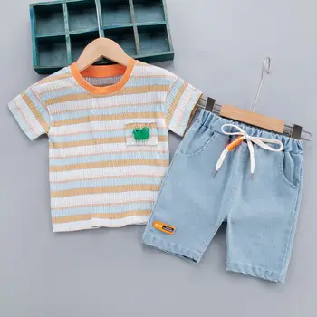 2021 Sommer Piger, Drenge, Kids Tøj Fine Strimler T-Shirt Denim Shorts 2pcs/Sæt Spædbarn Børn Mode Afslappet Kostume