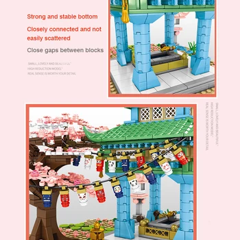 Diy Berømte Gade Scene i Japansk stil Cherry Blossom byggesten Pavillon Model Mursten Pædagogisk Legetøj Pige Gaver