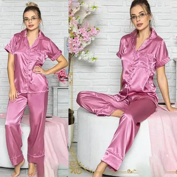 Kvinder Natkjole Pyjamas Undertøj, der Passer Satin Langt Ærme Front Knappet Bære i Hjemmet Komfortabel Seng Blød Sexet Stykke 3 Størrelser M L