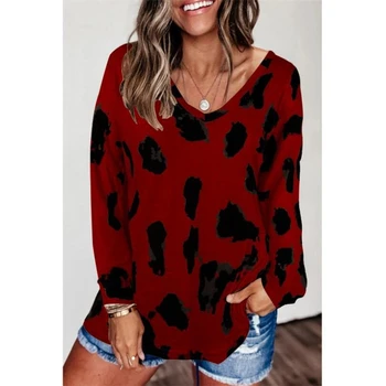 Nye V-Hals Bluse Shirts Leopard Print Løs Casual Pullover, Toppe, Mode Langærmet Blusa Streetwear