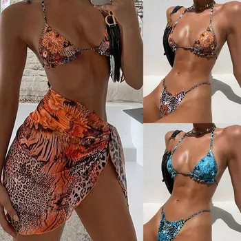 Leopard Print Strappy Tre-Stykker Afrikanske Udskrive Bikini Halterneck Bh Høj Talje Badedragt Dække Op Nederdel Badetøj bañadores mujer