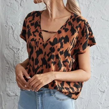2021 Sommeren Kvinder Casual Fashion Løs Leopard Print Kort-langærmet V-neck T-shirt Top camisetas de mujer Kvinder Tøj