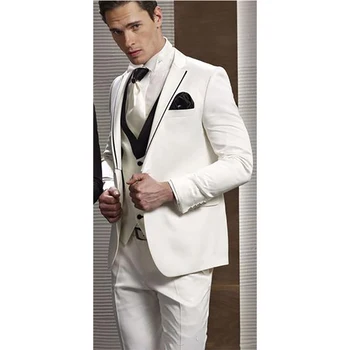 Hvide Mænds Jakkesæt med Bukser Brudgom Wedding Kjoler Terno Masculino Hak Revers Mand Blazere 3 Stykker Pels Bukser + Vest