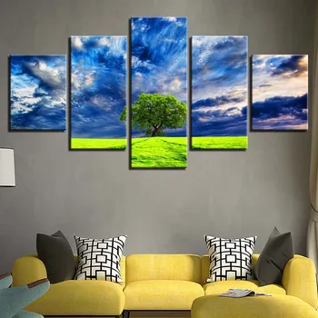 Lærred Malerier Væg Kunst Ramme, Home Decor Billeder 5 Stykker Blue Sky Tree Af Grønne Græsarealer Plakater Stue HD-Udskrifter
