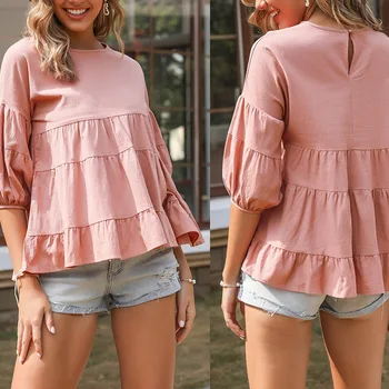Mode Flæse Bluse om Sommeren Kvinders Pink Tunika O-Hals Vintage Casual Linned Toppe Kvindelige Lanterne Ærme T-shirt Plisserede Shirts