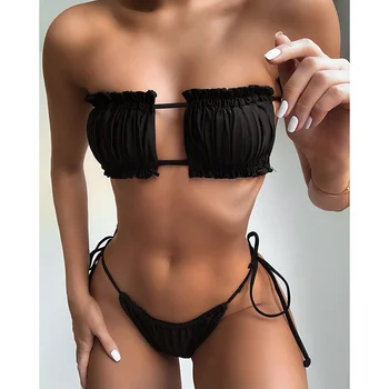 Sexet Bikini 2021 Plisserede Bandeau Badedragt Kvindelige Badetøj Kvinder Mini g-streng Bikini Sæt Badende Svømning Badetøj til Badning Kulør