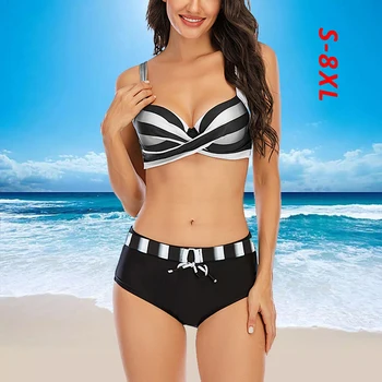 Bkini 2021 Nye Plus Size 8XL Kvinders Two Piece Stribet Bikini Sæt Sommer Push Up Badetøj Brasilianske Biquini Badetøj Strand