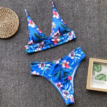 2020 Nye Mode, Sexet g-streng Bikini Blå Blomster Print Bandage Svømning, der Passer til Kvinder Polstret Bh Badetøj Kvinder Trikini