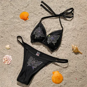 2021 Kvinder Sommeren Bandeau Bandage Bikini Sæt Rhinestone Butterfly Halterneck Push-up Brasilianske Badetøj Badetøj Kvindelige Badedragt