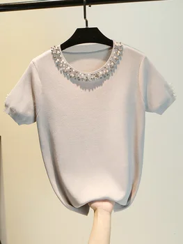 T-shirt Kreativitet Solid farve Perlebesat strikket materiale Lun Korte ærmer til kvinder t-shirt DM001