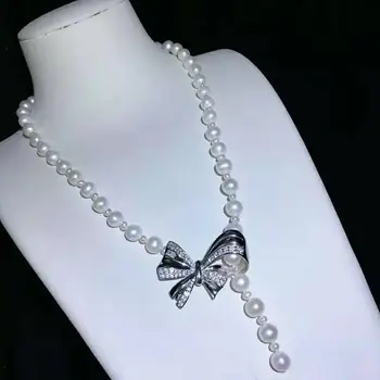 Hot sælg nyt naturlige 8-9mm 3-4mm hvid ferskvands perle halskæde zircon tilbehør vedhæng mode smykker 55cm