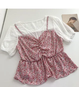 Sommer nyt koreansk stil retro plisserede puff ærmer, syning blomster slynge falske to-stykke shirt