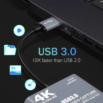 4K HDMI-kompatible Spil Capture-Kort, HDMI-kompatibel med USB 3.0 Video Audio Capture Med Fuld 1080p 60 Rekord