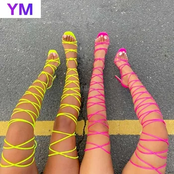Sommer, Forår Over Knæet Lace Up Sandaler Kvinder Hule Cross-Bundet Sko Mode Hyggelig Læder Peep Toe Damer Tynd Hæle Pumper