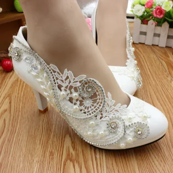 Blonder, perler bryllup sko til kvinder bruden hvid søde designer brude damer brudepige elfenben perle pumper kvinder sko høje hæle