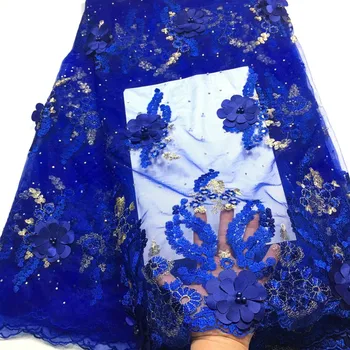 Hot Salg Royal Blå Afrikanske Lace Fabrics/fransk Net Broderi 3D Blomst Tyl Blonde Stof til Nigerianske Perler Bryllup Kjole