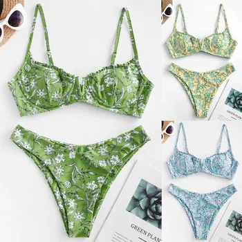 Vintage Bikini Patchwork Badedragt To Stykker g-streng Blomster Print Brasilianske Sexet Badetøj Kvindelige Mikro-V-bar Grøn badetøj