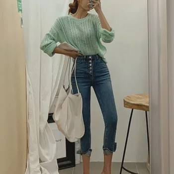 Jeans til Kvinder 2021 koreanske Blå Høj Talje Jeans Slim Ankel-længde Bukser Enkel Denim Broek Mujer Pantalones Ropa De Mujer 10407