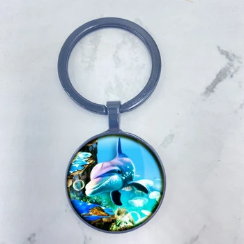 Personlig Lille Delfin Nøglering Alloy Vedhæng Billede Tilpasset Runde Gennemsigtige Glas Facetslebet Tid Treasure Nøgle Vedhæng