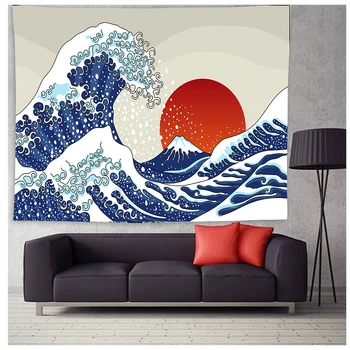 Psykedelisk Ocean Wave Gobelin Trippy Solnedgang Gobelin 3D Store Bølge Gobelin Japansk Tæppe til Værelset