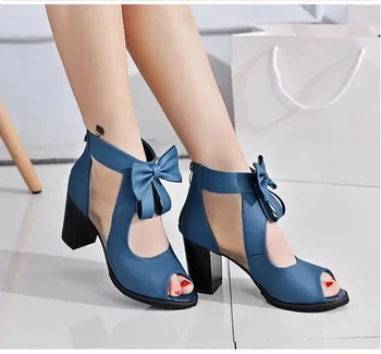 Foråret og sommeren sløjfeknude sandaler med tykke hæle damer mesh sko mode Joker fisk munden sandaler