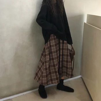 Den Nye Japanske Harajuku Efterår/vinter Kvinders Midi-Nederdel med Høj Talje Plaid Kvinder koreansk Street Style Elegant Lang Nederdel