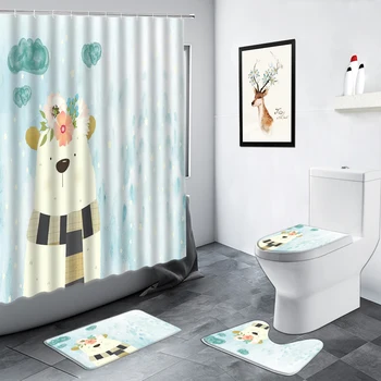 Cartoon Kids badeforhæng Sjove Kanin Kat Deer Bear Mønster Børn Badeværelse Indretning Sæt Non-slip Mat Badekar Tæppe Toilet Måtter