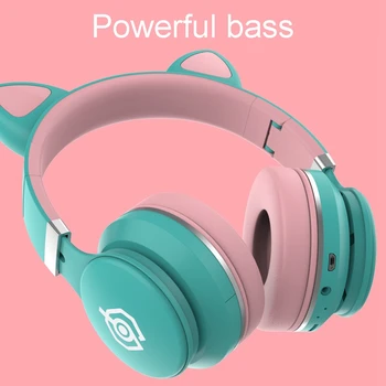 Bluetooth-5.0 Kat Ear Hovedtelefoner LED-Lys Op Noise Cancelling Voksne Børn Pige Headset Støtte TF Kort