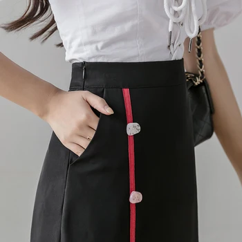 Houthion Slanke Kvinders Tøj, Nye Kinesiske Stil, Mode Solid-Knap A-line Høj Talje knælang Nederdel Forår/efterår
