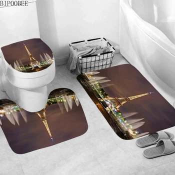 Eiffel Towert Paris Landskab 3D badeforhæng Badeværelse Gardiner Toiletter Dekoration Anti-slip Tæpper Toilet Dække bademåtte